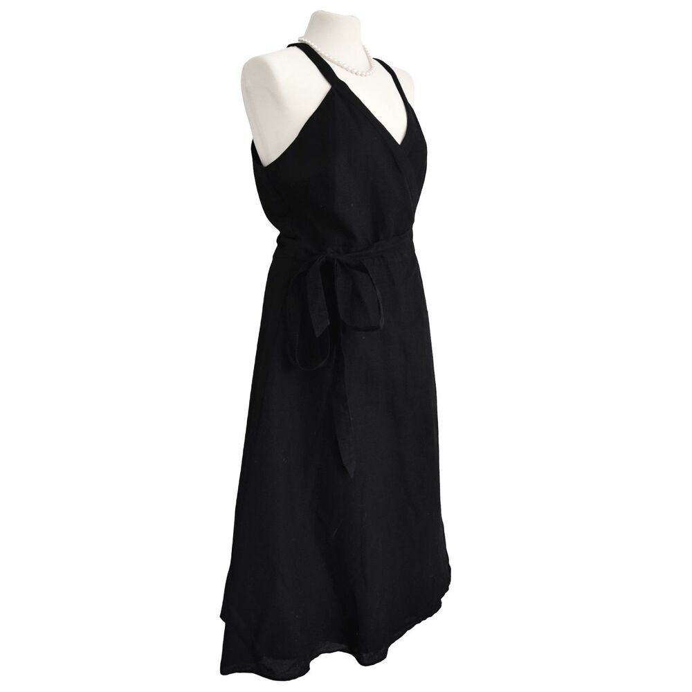 NWT J. Crew Linen Cotton Wrap Dress Black Belted Sweet V Neck Sz L Minimalist - Picture 2 of 9